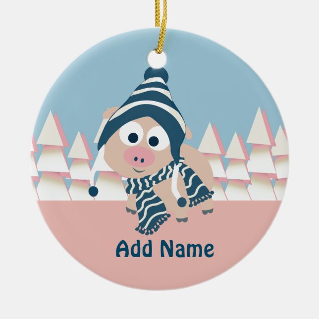 Pig in Winter Ceramic Tree Decoration (Front)