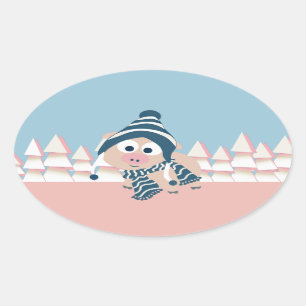 Pig in Winter Oval Sticker