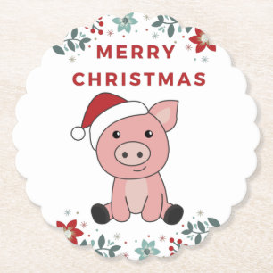 Pig Merry Christmas Animals Pigs Paper Coaster