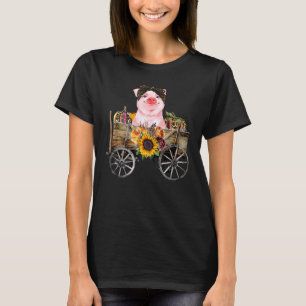 Pig On Wooden Wheelbarrow Leopard Pumpkin Sunflowe T-Shirt
