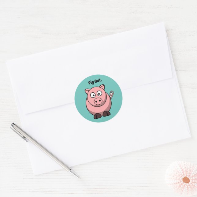 Pig Out Pink Pig Cartoon, Funny BBQ Hog Design Classic Round Sticker (Envelope)