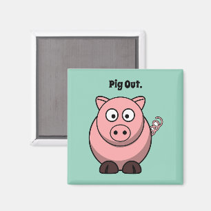 Pig Out Pink Pig Cartoon, Funny BBQ Hog Design Magnet