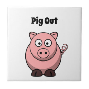 Pig Out Pink Pig Cartoon, Funny BBQ Hog Design Tile