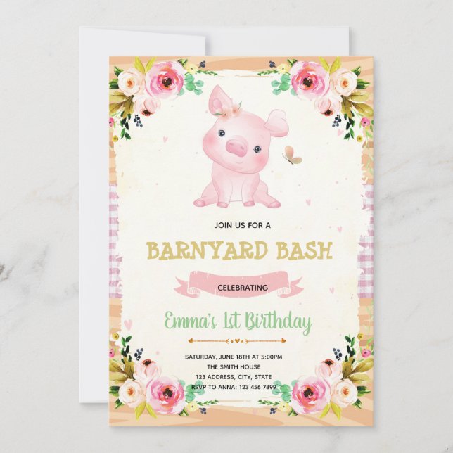 Pig party farm birthday invitation (Front)