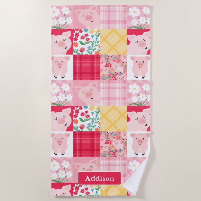 Pig Patchwork Floral Rustic Personalised Beach Towel (Front)