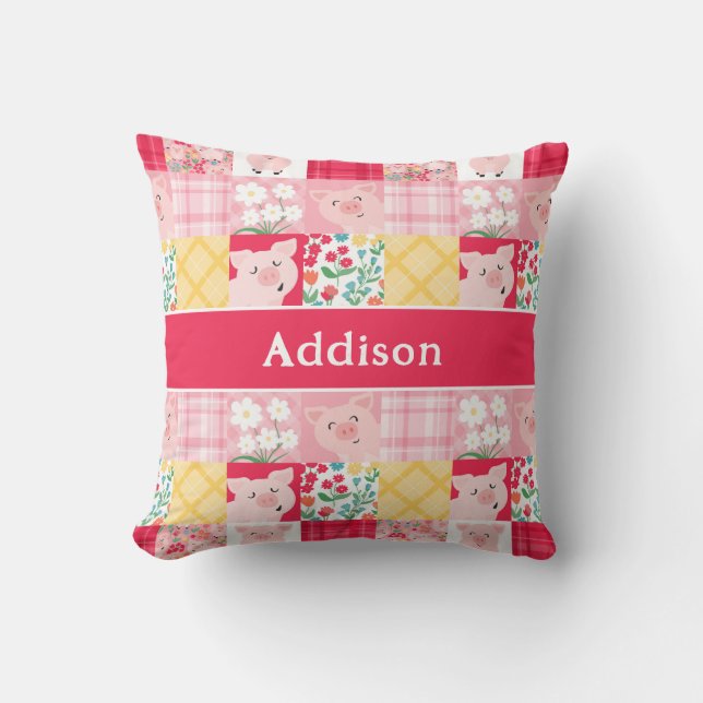 Pig Patchwork Floral Rustic Personalised Cushion (Front)