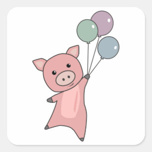Pig Piglet Balloons Flies Cute Animals Square Sticker