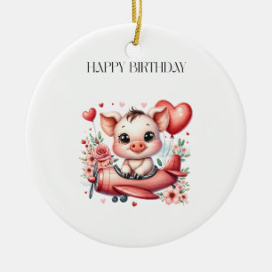 Pig Pilot Birthday Ceramic Tree Decoration