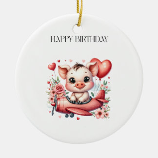 Pig Pilot Birthday Ceramic Tree Decoration
