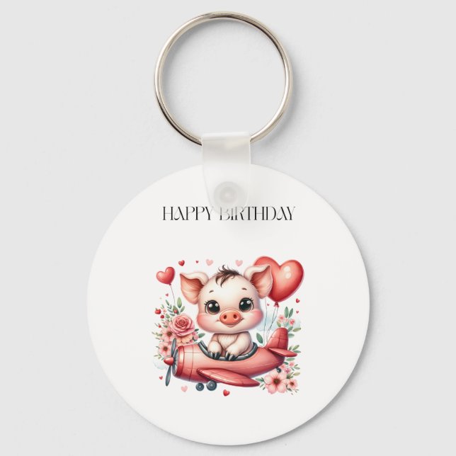 Pig Pilot Birthday Key Ring (Front)