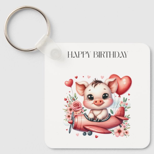 Pig Pilot Birthday Key Ring (Front)