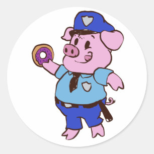 Pig policeman eating a doughnut   choose back colo classic round sticker