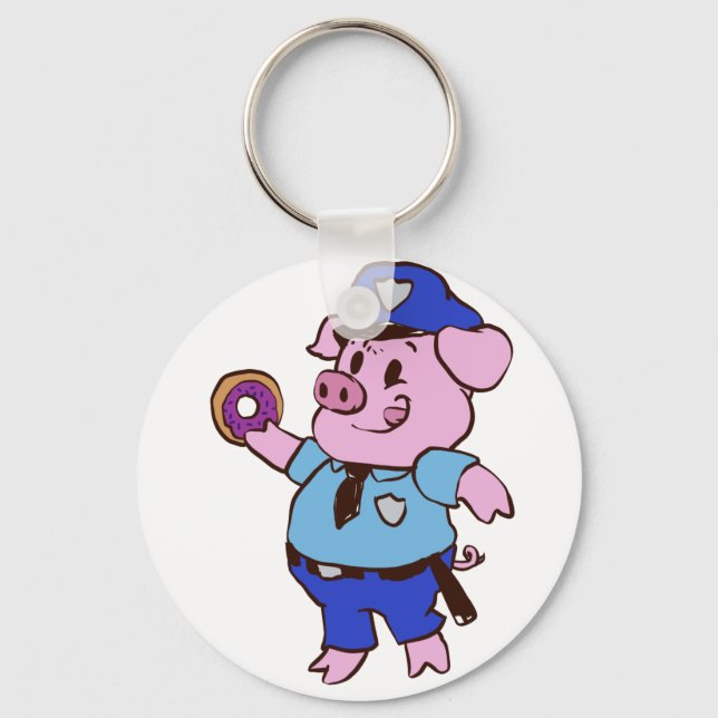 Pig policeman eating a doughnut | choose back colo key ring (Front)