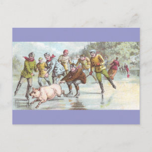 Pig Pulls Ice Skater Across Pond Postcard