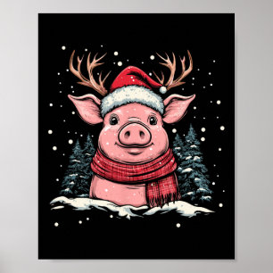 Pig Reindeer Santa Hat Christmas Xmas Poster