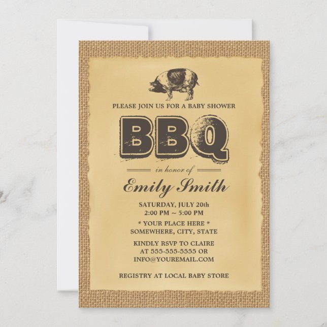 Pig Roast Baby Shower BBQ Party Burlap Invitation (Front)
