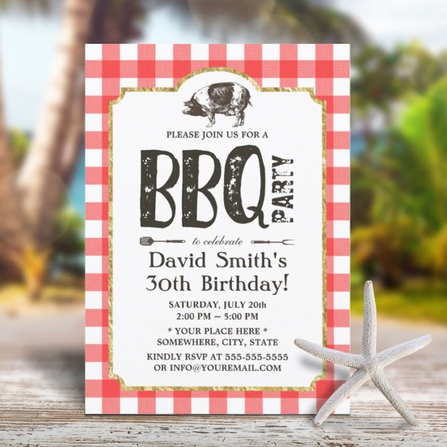 Pig Roast BBQ Birthday Party Red Plaid Invitation (Creator Uploaded)