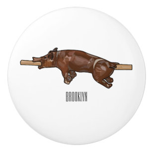 Pig roast / hog roast cartoon illustration ceramic knob