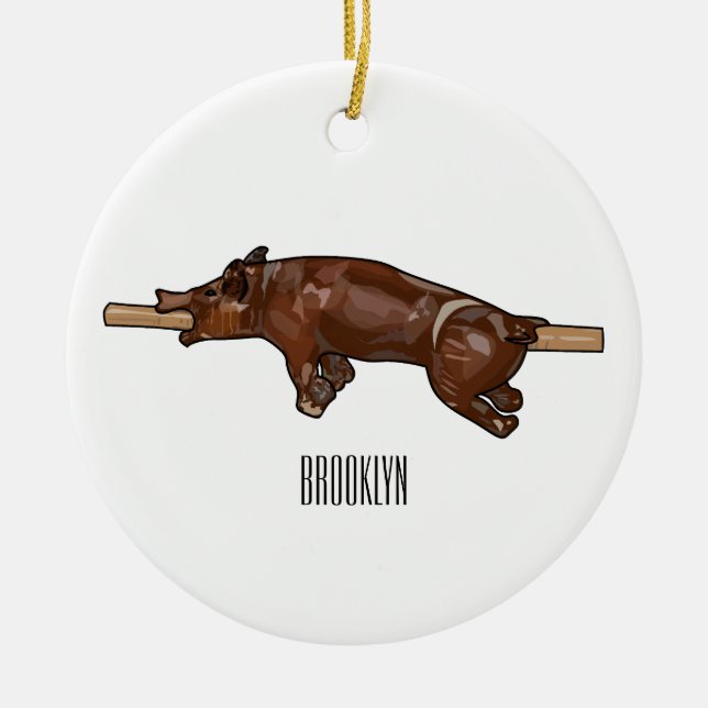 Pig roast / hog roast cartoon illustration ceramic tree decoration (Front)