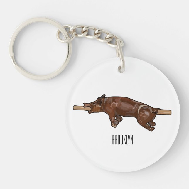 Pig roast / hog roast cartoon illustration key ring (Front)