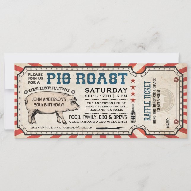 Pig Roast Invitations with Raffle Ticket (Front)
