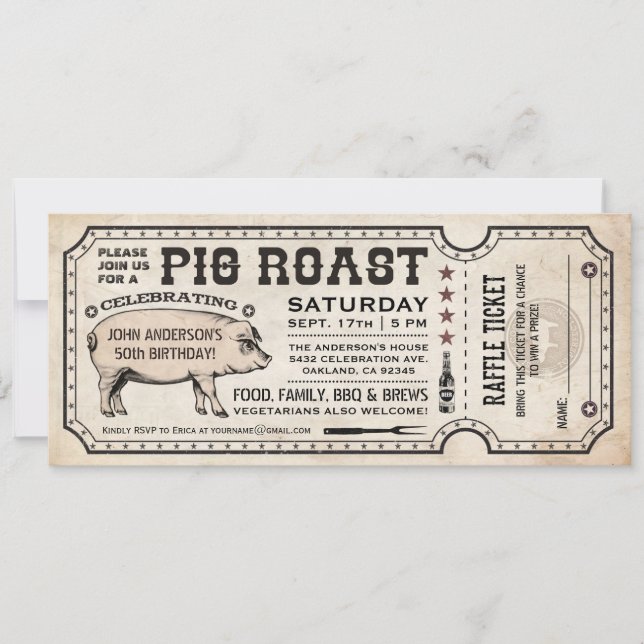 Pig Roast Ticket Invitations with Raffle Ticket v1 (Front)