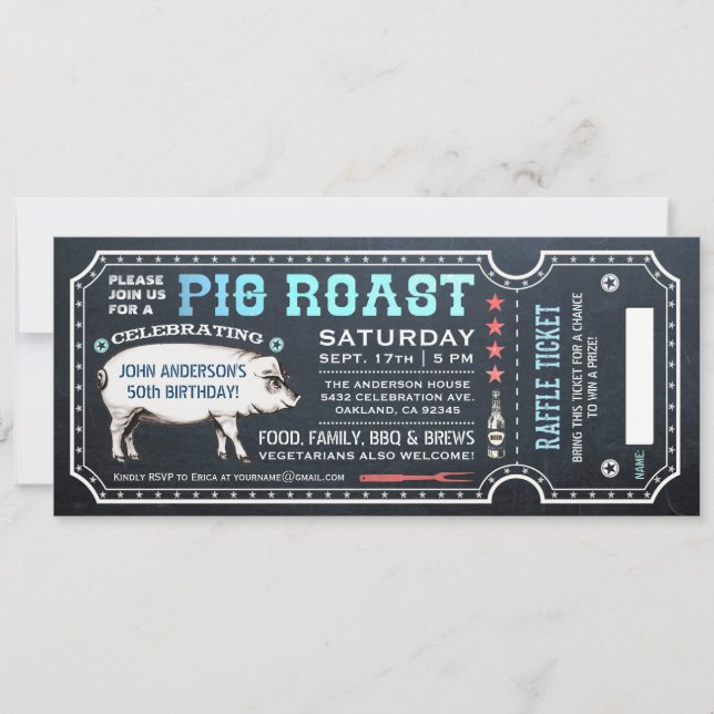 Pig Roast Ticket Invitations with Raffle Ticket v4 (Front)