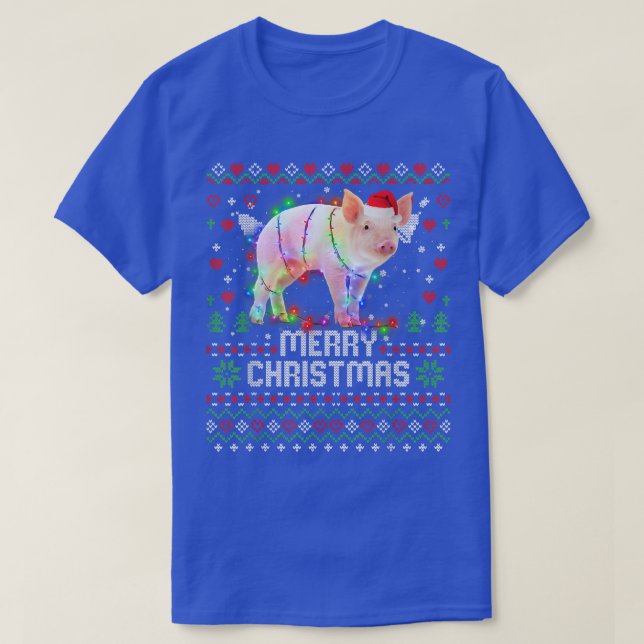 Pig Santa Hat Animal Christmas Tree Lights Holiday T-Shirt (Design Front)