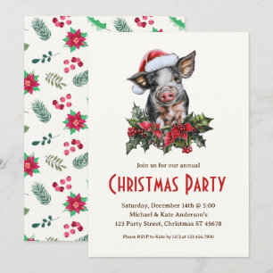 Pig Santa Hat Piglet Farm Animal Christmas Party  Invitation