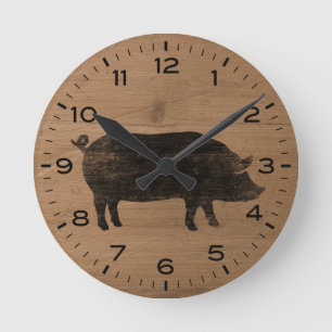 Pig Silhouette Faux Wood Country Round Clock