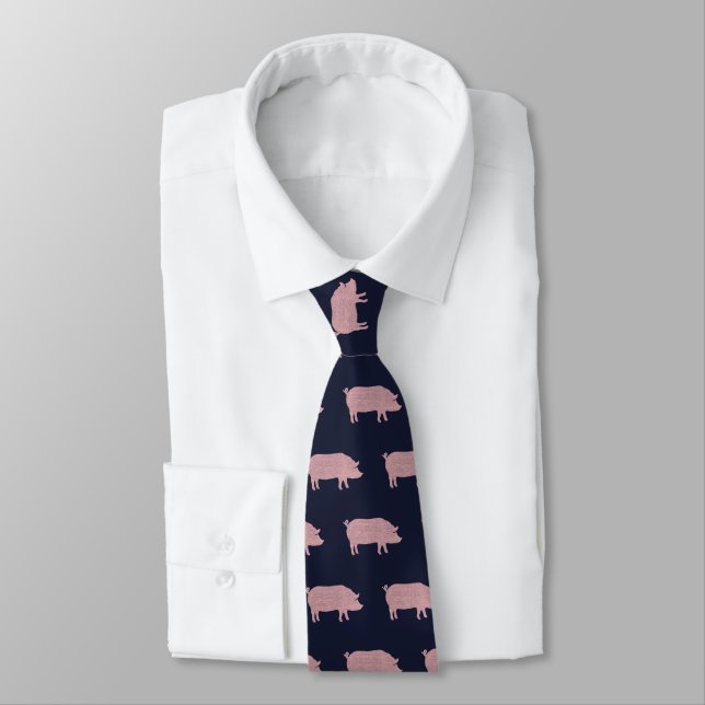 Pig Silhouettes Pattern Pink and Blue Animal Lover Tie (Tied)