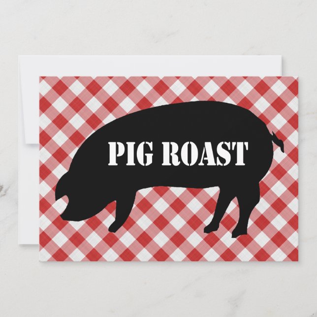 Pig Silo, Red and White Chequered Fabric Pig Roast Invitation (Front)