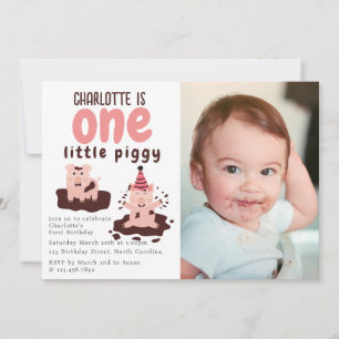 Pig Theme Little Piggy First 1st Birthday Photo Invitation