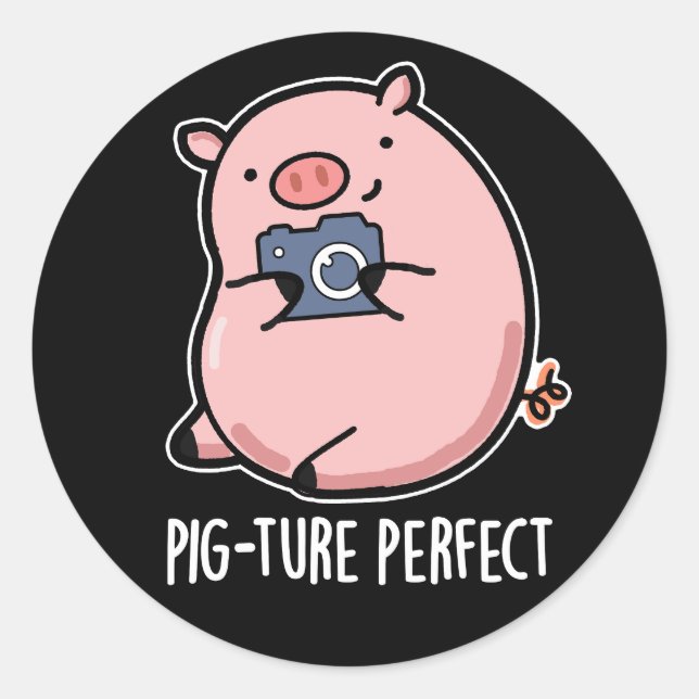 Pig-ture Perfect Funny Photography Pig Pun Dark BG Classic Round Sticker (Front)