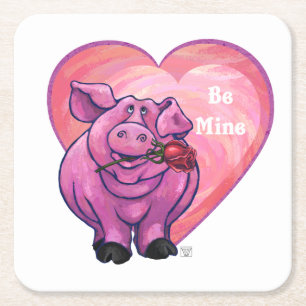 Pig Valentine's Day Square Paper Coaster