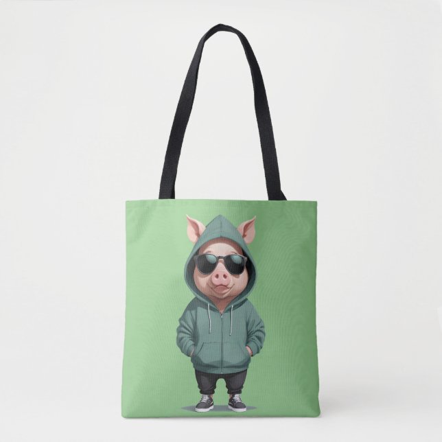 Pig Wearing Hoodie Funny Cool Animal Character  Tote Bag (Front)