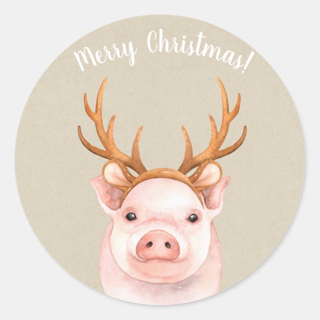 Pig Wearing Reindeer Antlers Holiday Christmas Classic Round Sticker (Front)