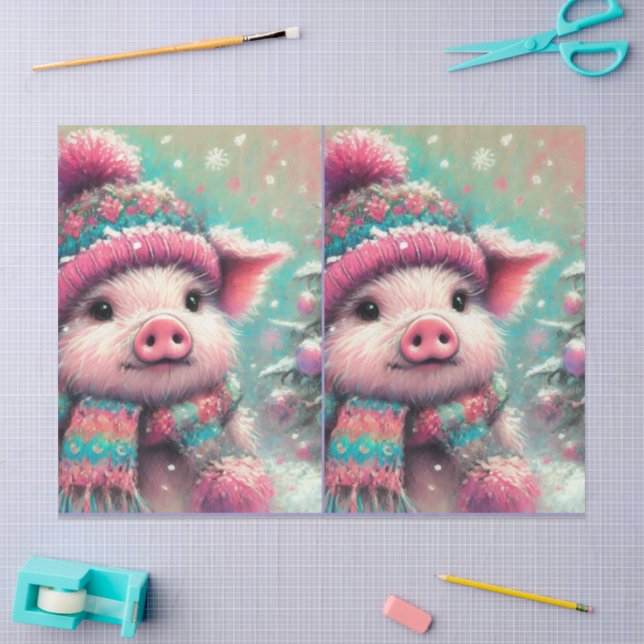 Pig Winter Hat Scarf Chalk-Pastel Decoupage Tissue Paper (Craft)