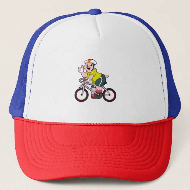 Pig with Bicycle & Helmet Trucker Hat (Front)