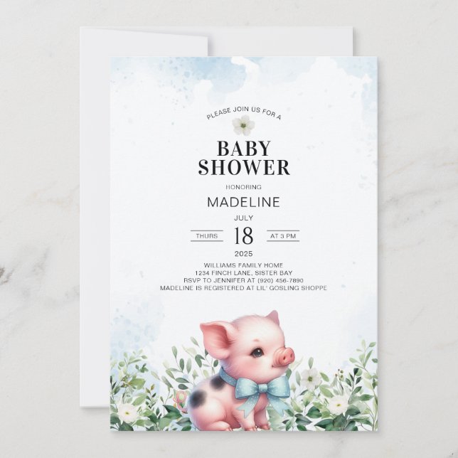 Pig with Bow Blue Boy Baby Shower Invitation (Front)