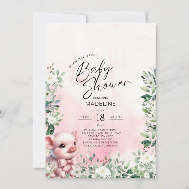 Pig with Bow Pink Girl Baby Shower Invitation (Front)