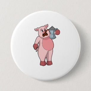 Pig with Coffee pot 7.5 Cm Round Badge