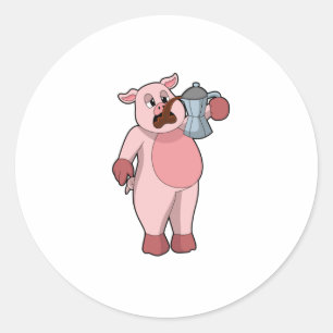 Pig with Coffee pot Classic Round Sticker