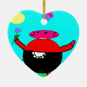 pig with flower & butterfly in sun, art by kids :) ceramic tree decoration