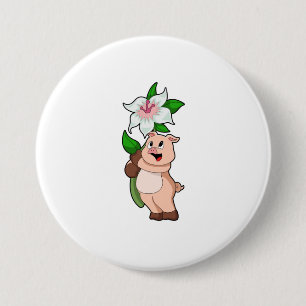 Pig with Flower Lily 7.5 Cm Round Badge