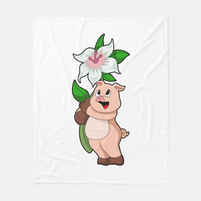 Pig with Flower Lily Fleece Blanket (Front)