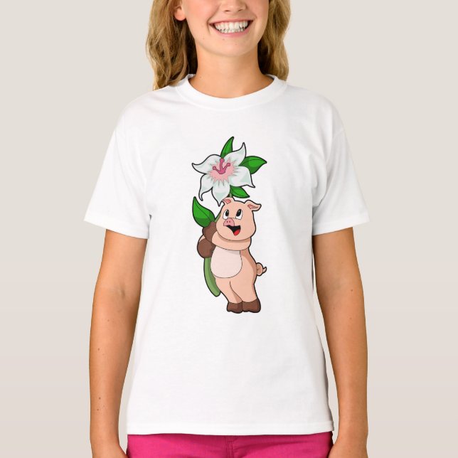 Pig with Flower Lily T-Shirt (Front)