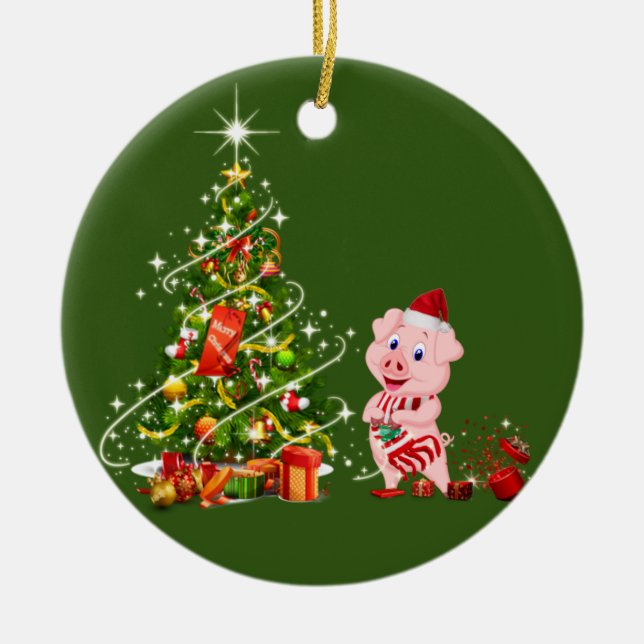 pig With Hat Scafts  Christmas Ceramic Tree Decoration (Front)