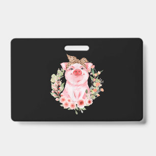 Pig With Leopard Headband Flower Cute Pig ID Badge