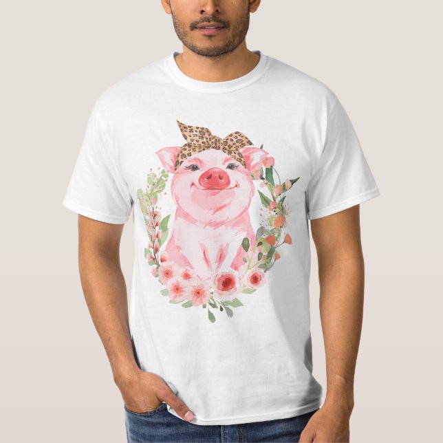 Pig With Leopard Headband Flower T Cute Pig Lover  T-Shirt (Front)